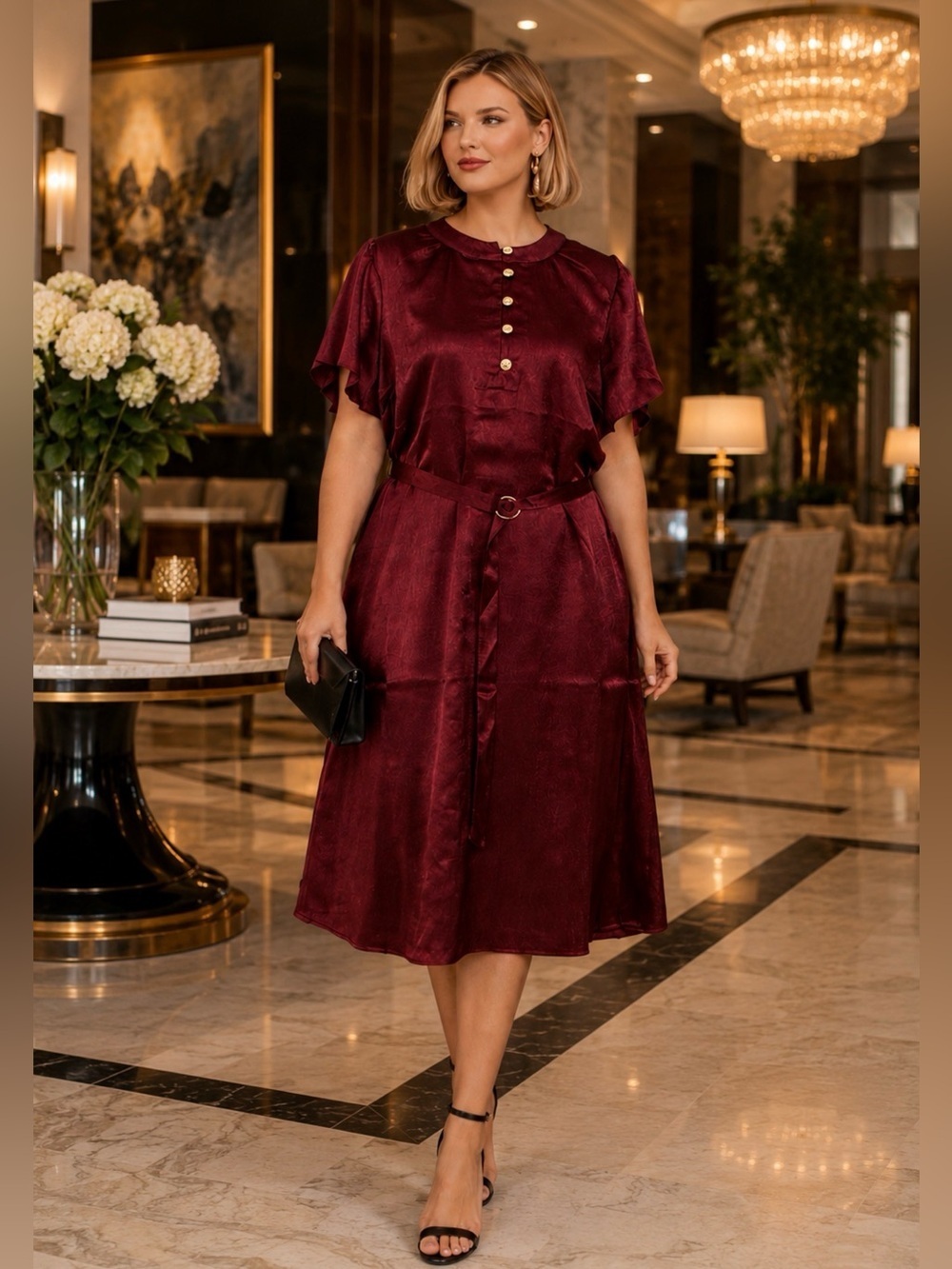 Fred David Burgundy Wine Satin Belted Short Sleeve Midi Dress NWT Size 1X & 2X